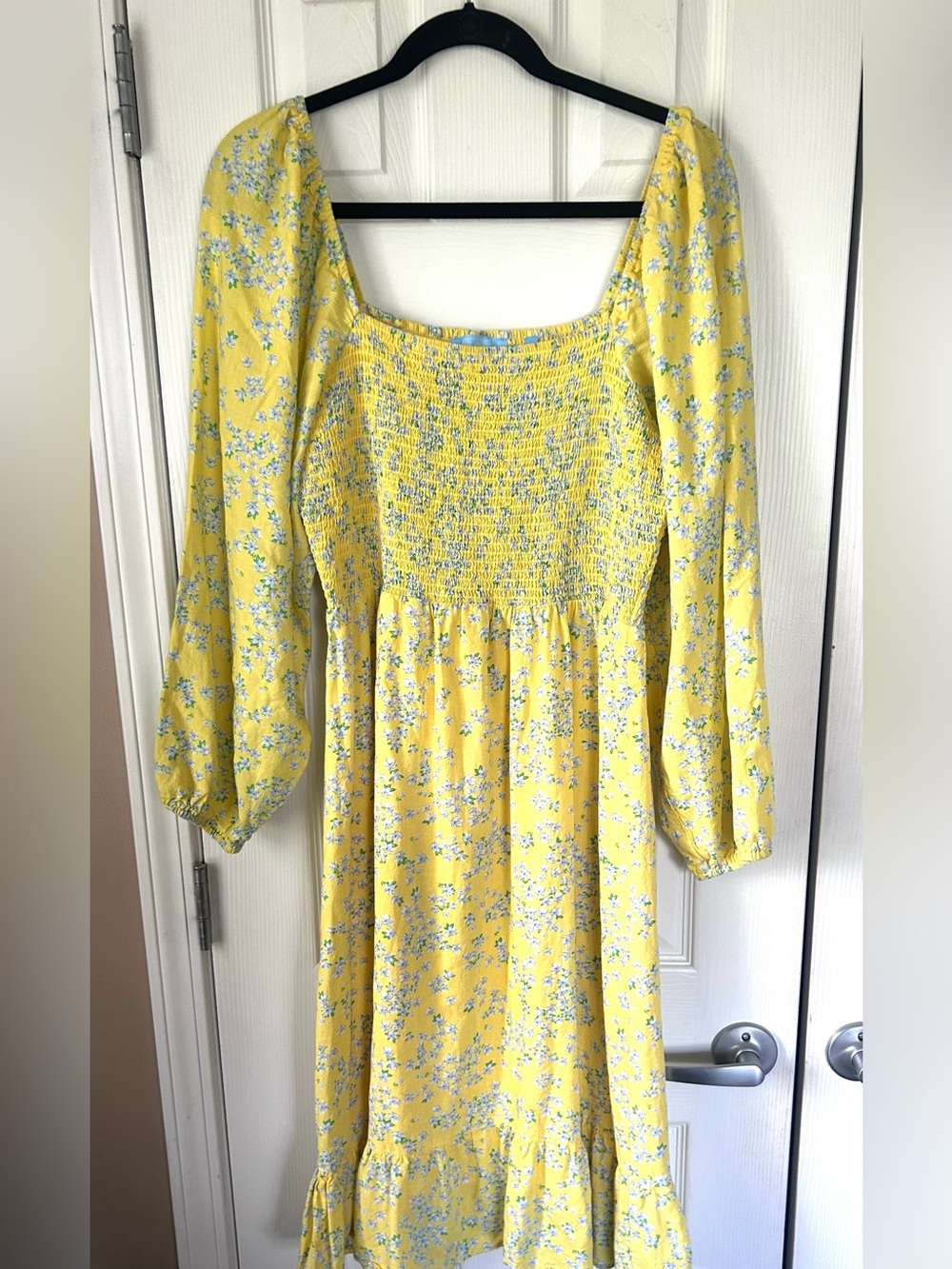 Draper James RSVP Yellow Floral Smocked Midi Dress Size XL Linen Blend